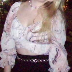 Pink and Purple Trumpet Sleeve Cross Tie Back Crop Top Size S